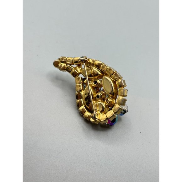 Vintage Paisley Brooch with AB Beads Smokey Grey Rhinestones Gold Tone Setting - Picture 6 of 7